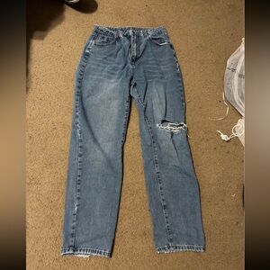 SHEIN Blue Straight Leg Jeans with Distressed Knee